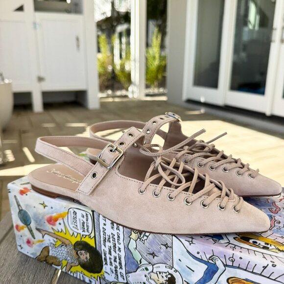 New Jeffrey Campbell Lexii Laced Suede Slingback Flats Beige Cream US 6 - Picture 1 of 17